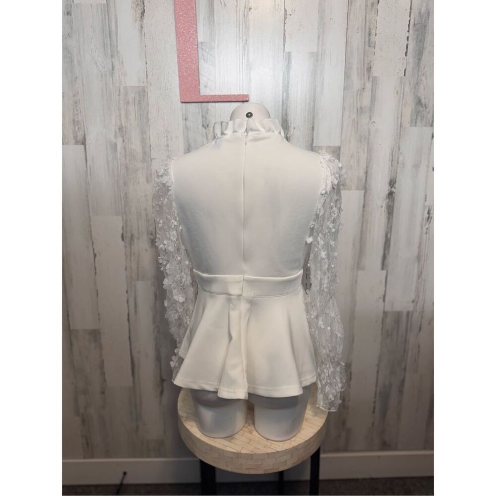 Womens Tops Floral Applique Ruffle Hem Frill Trim Top - Picture 4 of 7